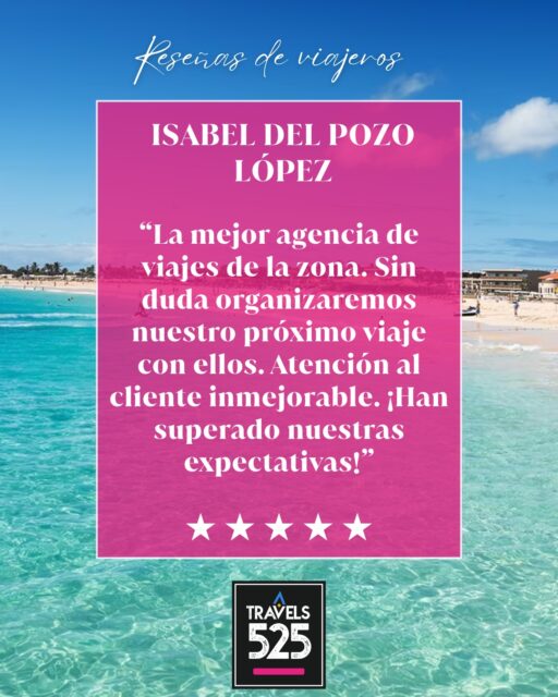 ¡Muchas gracias Isabel por tus amables palabras!
Recuerda que siempre puedes contactarnos directamente para reservas o cualquier consulta:
📲 WhatsApp: +34 968 57 59 75
👩‍💻 Web: www.travels525.com
¡Esperamos darte la bienvenida de nuevo muy pronto en 525 Travels!
---
Thank you so much Isabelfor your kind words!💙🤍
Remember, you can always contact us directly for bookings or any questions: 🚢🌍✈️
📲 WhatsApp: +34 968 57 59 75
👩‍💻 Web: www.travels525.com
We hope to welcome you back very soon at 525 Travels!