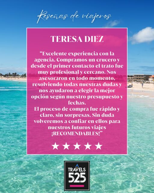 ¡Muchas gracias Teresa por tus amables palabras!
Recuerda que siempre puedes contactarnos directamente para reservas o cualquier consulta:
📲 WhatsApp: +34 968 57 59 75
👩‍💻 Web: www.travels525.com
¡Esperamos darte la bienvenida de nuevo muy pronto en 525 Travels!
---
Thank you so much Teresa for your kind words!💙🤍
Remember, you can always contact us directly for bookings or any questions: 🚢🌍✈️
📲 WhatsApp: +34 968 57 59 75
👩‍💻 Web: www.travels525.com
We hope to welcome you back very soon at 525 Travels!