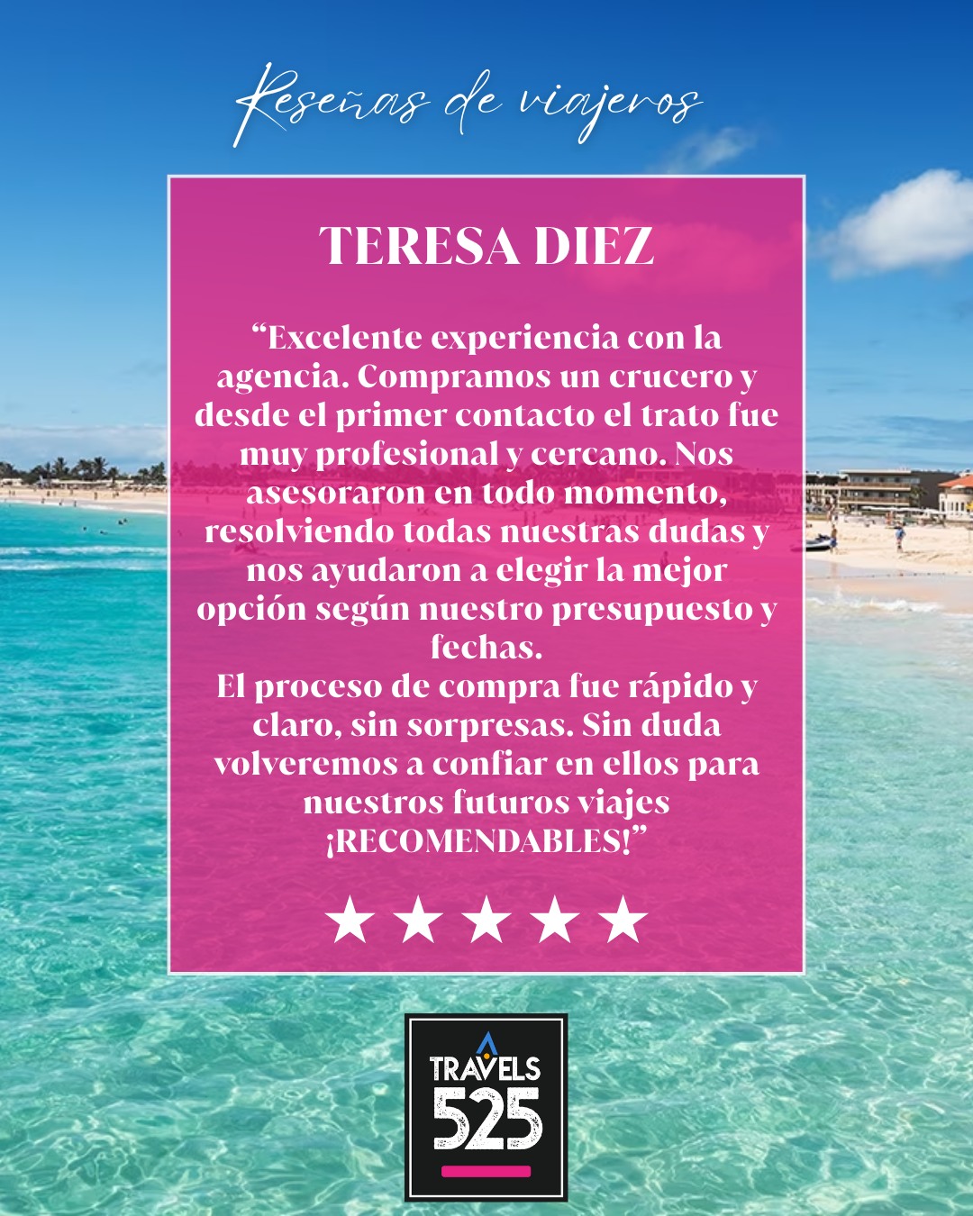 ¡Muchas gracias Teresa por tus amables palabras!
Recuerda que siempre puedes contactarnos directamente para reservas o cualquier consulta:
📲 WhatsApp: +34 968 57 59 75
👩‍💻 Web: www.travels525.com
¡Esperamos darte la bienvenida de nuevo muy pronto en 525 Travels!
---
Thank you so much Teresa for your kind words!💙🤍
Remember, you can always contact us directly for bookings or any questions: 🚢🌍✈️
📲 WhatsApp: +34 968 57 59 75
👩‍💻 Web: www.travels525.com
We hope to welcome you back very soon at 525 Travels!