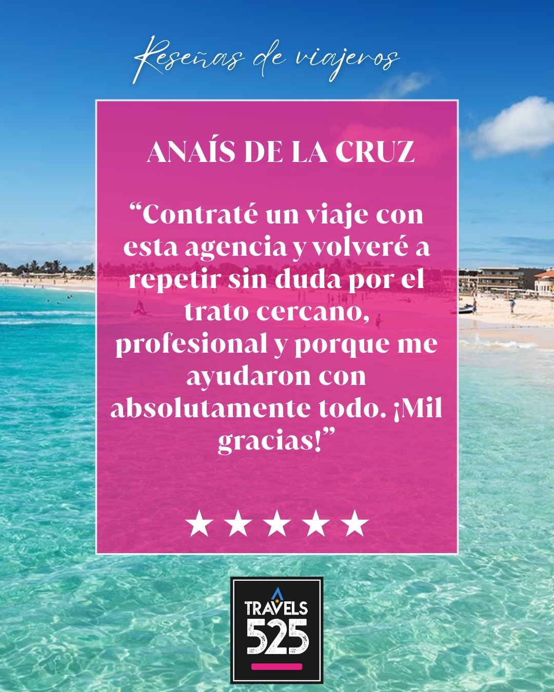 ¡Muchas gracias Anaíspor tus amables palabras!
Recuerda que siempre puedes contactarnos directamente para reservas o cualquier consulta:
📲 WhatsApp: +34 968 57 59 75
👩‍💻 Web: www.travels525.com
¡Esperamos darte la bienvenida de nuevo muy pronto en 525 Travels!
---
Thank you so much Anaís for your kind words!💙🤍
Remember, you can always contact us directly for bookings or any questions: 🚢🌍✈️
📲 WhatsApp: +34 968 57 59 75
👩‍💻 Web: www.travels525.com
We hope to welcome you back very soon at 525 Travels!