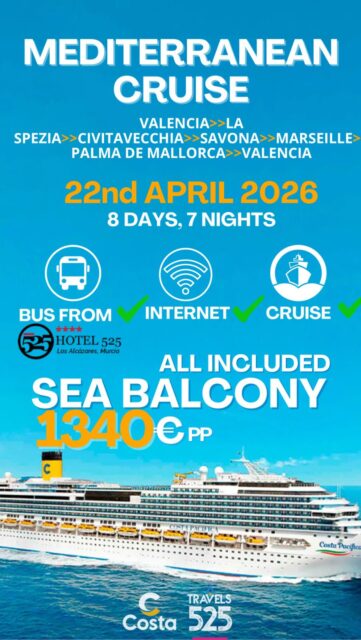 ⚠️ LAST CHANCE ⚠️

We have only one cabin left for our group on the amazing Costa Pacifica departing on April 22nd. 🚢✨

💶 €1,340 per person

Includes:
✨ Balcony cabin
🍹 Drinks package included
🌐 Internet on board
🍽️ Food included throughout the cruise
🚌 Transfer from Hotel 525 in Los Alcázares to Valencia

Book now‼️‼️‼️